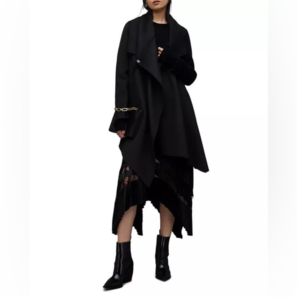 AllSaints Monument Eve Black Wool Blend Coat Sculptural Drape Avant-Garde, 0